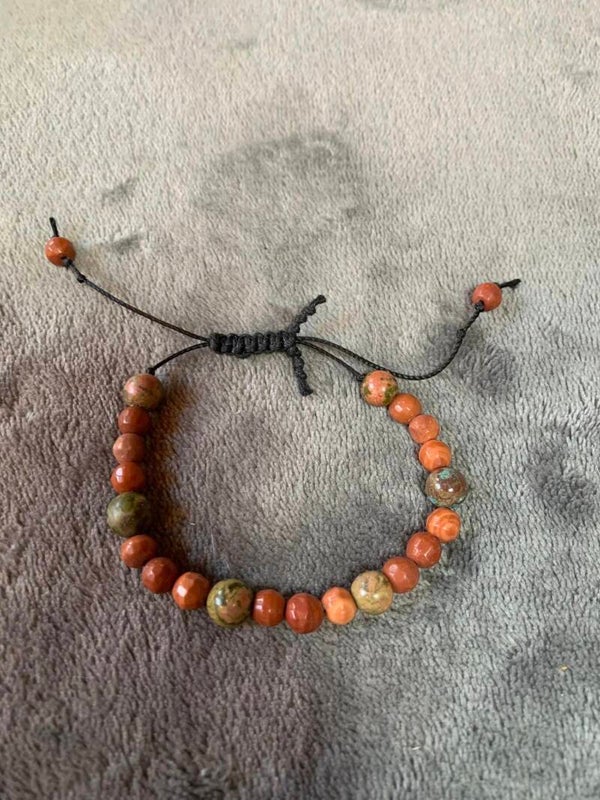 Adjustable Coral, Unikite, and Crazy Lace Agate Bracelet