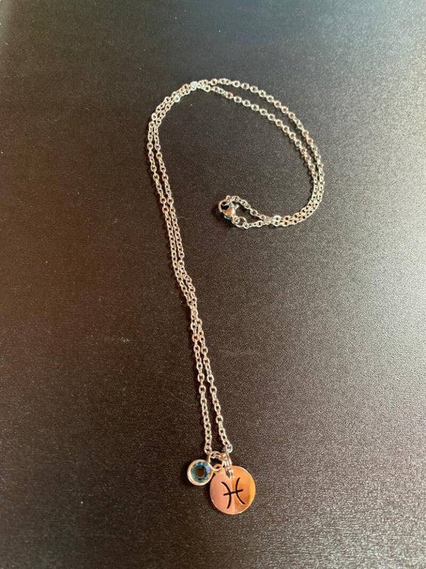 Zodiac Necklace: Pisces with Aquamarine charm, 18 inch stainless steel chain