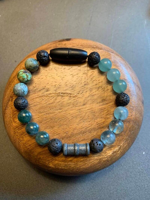 Snap Clasp Bracelet with African turquoise, Green Aventurine, Fluorite, Wooden Center Bead and Lava Stones.