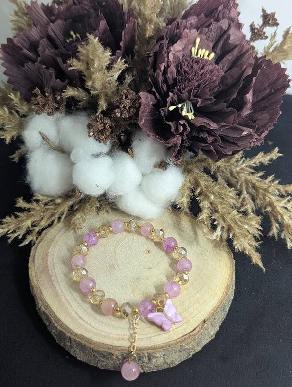 Armband Rosa und Champagner mit Anhänger "Schmetterling"