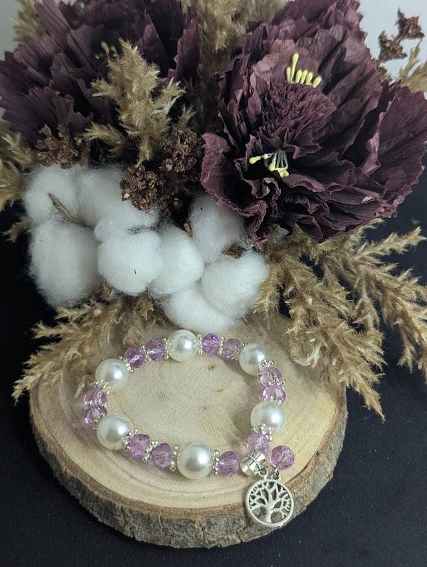 Armband Weiß und Lila mit Anhänger "Lebensbaum"