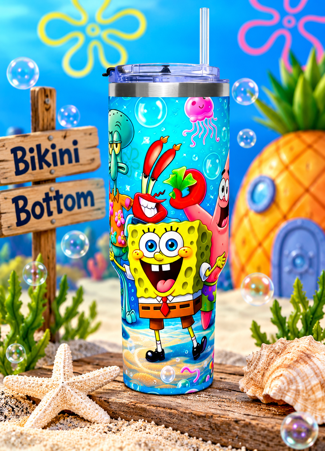 SpongeBob SquarePants Beach Scene Tumbler/ FREE MATCHING KEYCHAIN