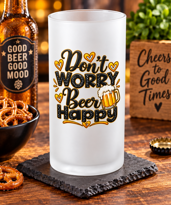 🍺 Don’t Worry Beer Happy – 16 oz Frosted Glass Beer Stein