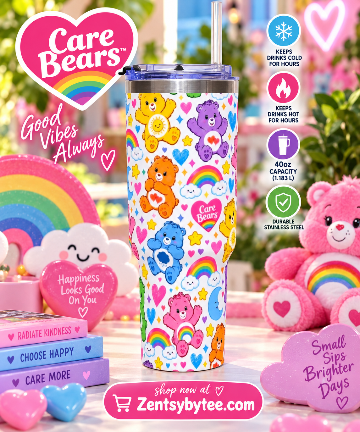 🌈 Care Bears 40oz Tumbler 🧸💕 FREE MATCHING KEYCHAIN