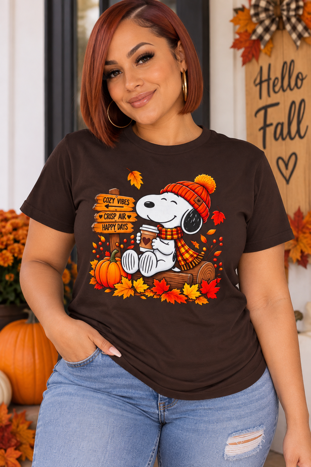 Snoopy Fall Sitting with Leaves T-Shirt | Pumpkin Autumn Plaid