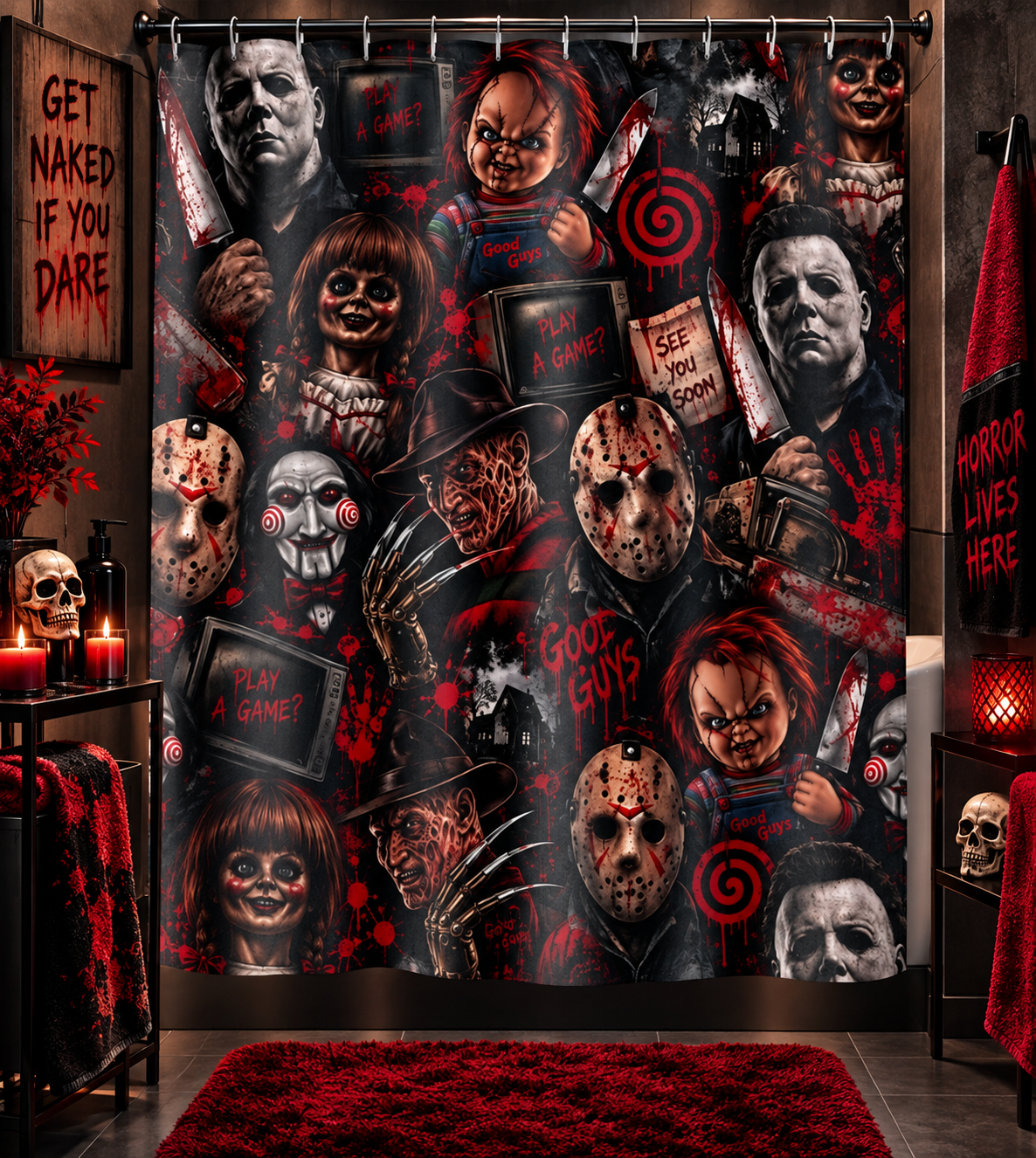 Horror Movie Slasher Characters Shower Curtain | Killer Mask Collage