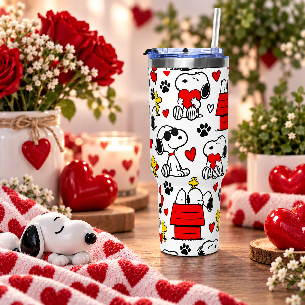 Snoopy & Woodstock Hearts 40oz Tumbler | Insulated Travel Mug FREE MATCHING KEYCHAIN