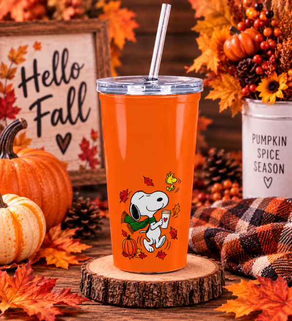 Snoopy Fall Leaves Pumpkin Plastic Tumbler with Straw