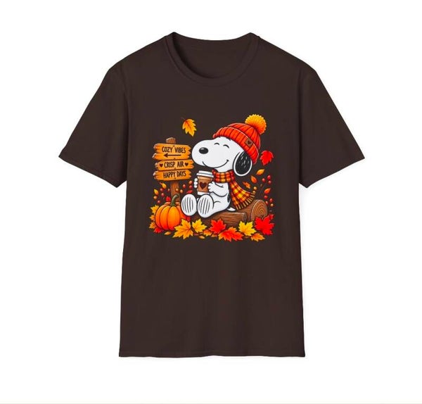 Snoopy Fall Sitting with Leaves T-Shirt | Pumpkin Autumn Plaid