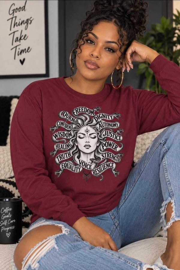 Medusa Word-Ribbon Hair long sleeve tee | Empowerment words