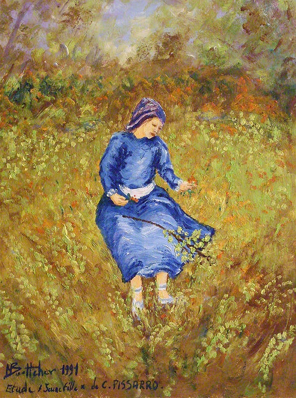 1991 009 Fille dans la campagne, 30x42cm h/p (d&#039;après Camille Pissarro) 