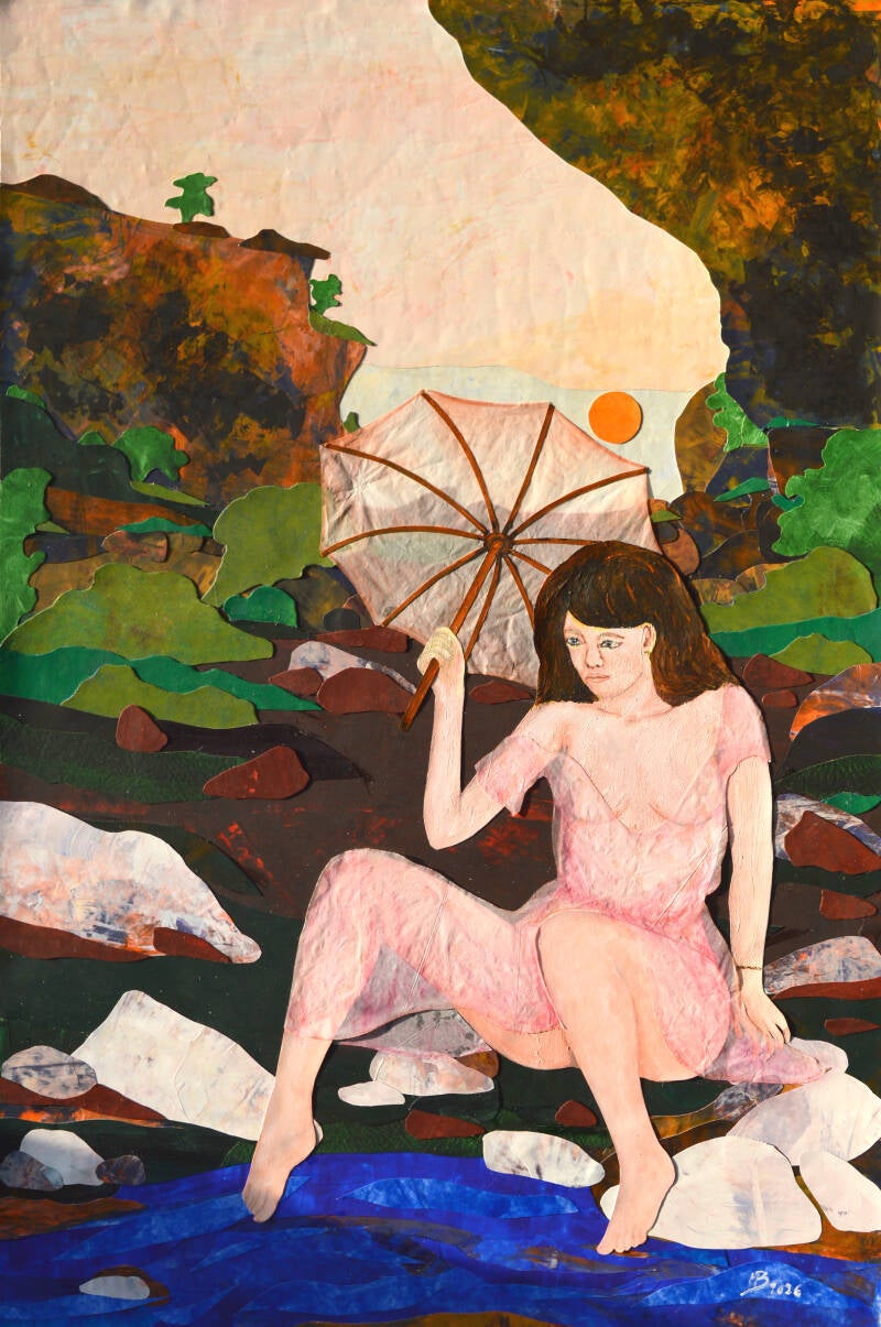 2026 013, "femme au bord de l'eau avec une ombrelle, 40 x 60 cm, collage