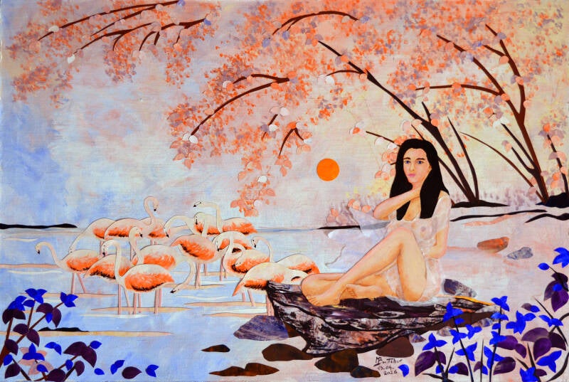 2026 028, "Femme aux flamants roses" collage, 40 x 60 cm