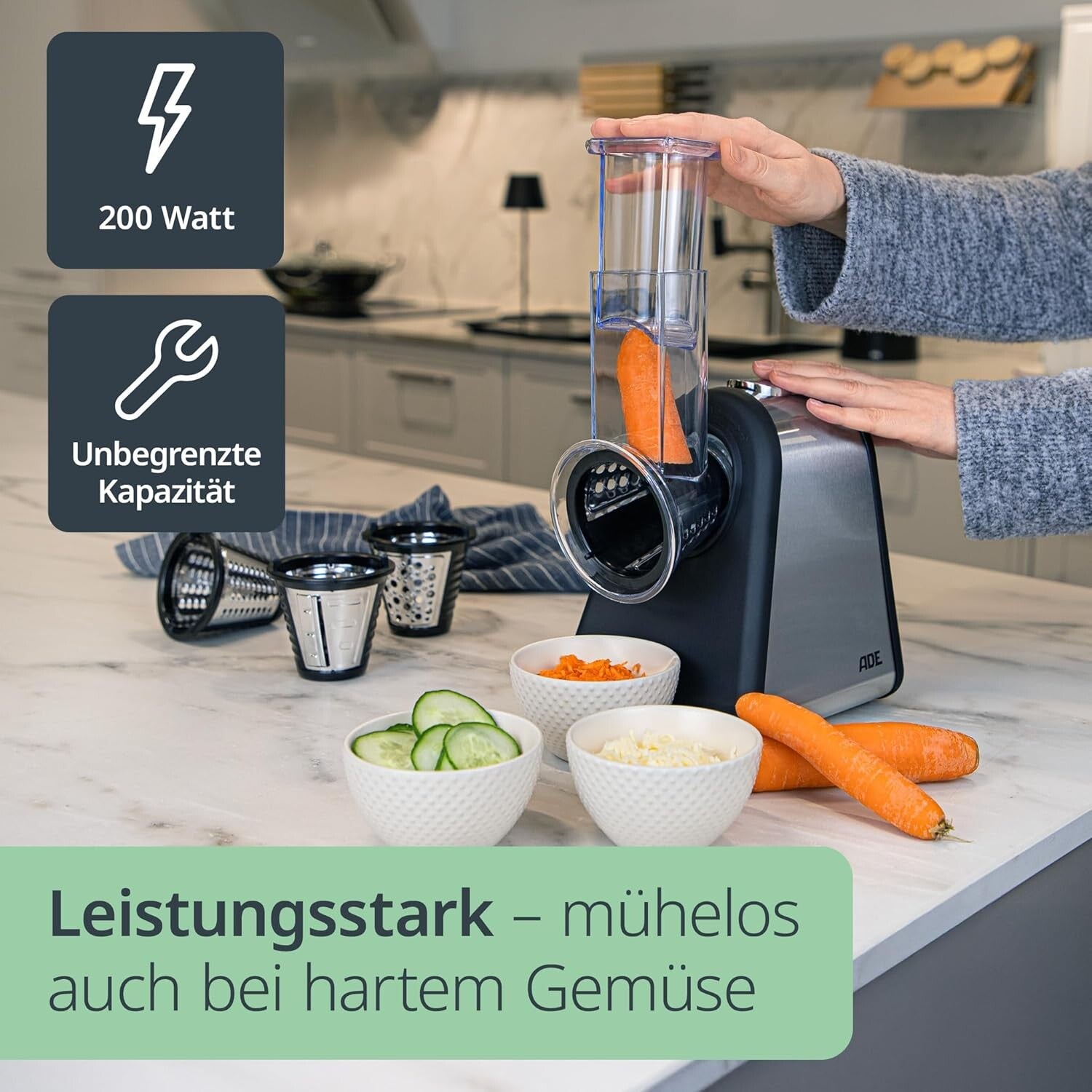 ADE Elektrischer Gemüseschneider & Käsereibe – 4 extrascharfe Einsätze für Obst, Gemüse, Nüsse & Käse | 200–500 W