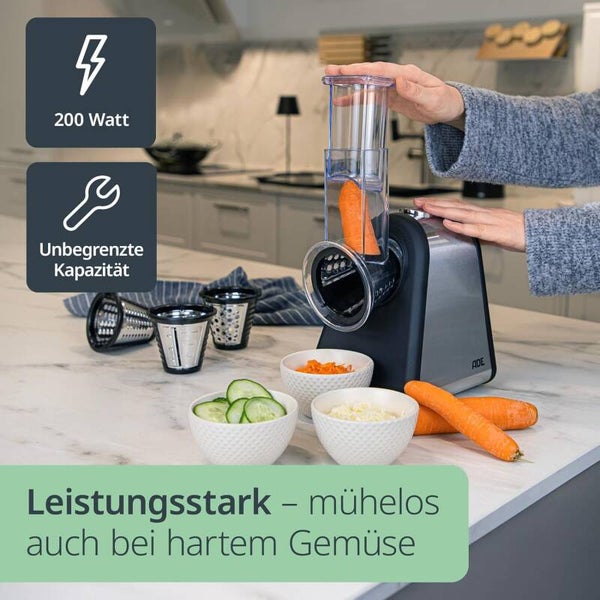 ADE Elektrischer Gemüseschneider & Käsereibe – 4 extrascharfe Einsätze für Obst, Gemüse, Nüsse & Käse | 200–500 W