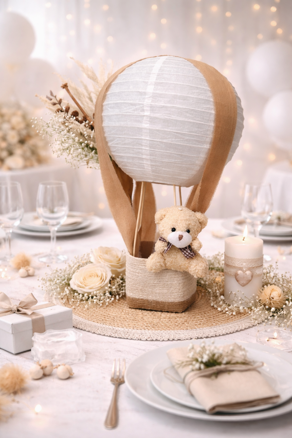 Centre de table Montgolfière personnalisé – Baptême, Anniversaire, Baby Shower & Mariage