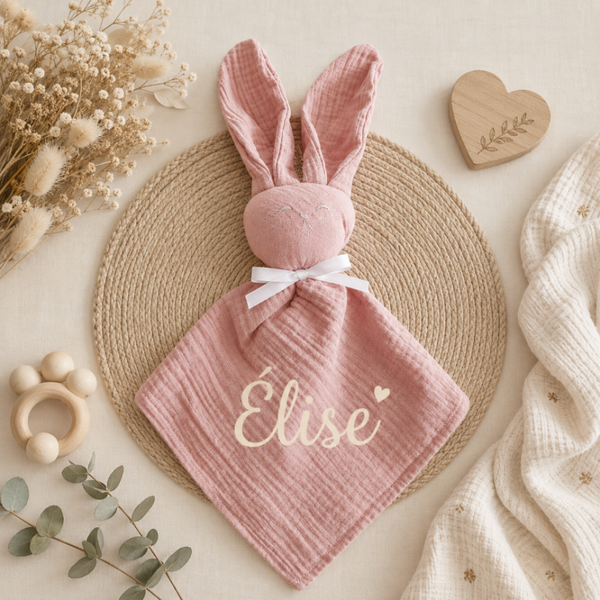 Doudou Lapin Personnalisé en Gaze de Coton