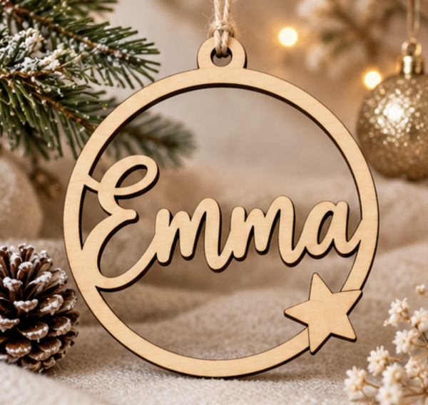 Boule de Noël personnalisée en bois – Prénom ajouré