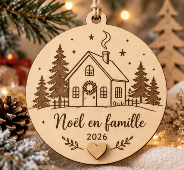 Boule de Noël en famille personnalisée en bois