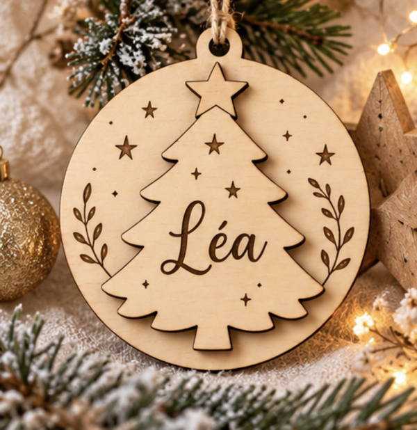 Boule de Noël personnalisée en bois – Sapin en relief
