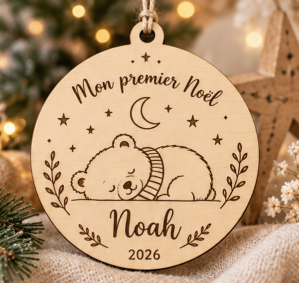 Boule Mon premier Noël personnalisée – Ourson en bois