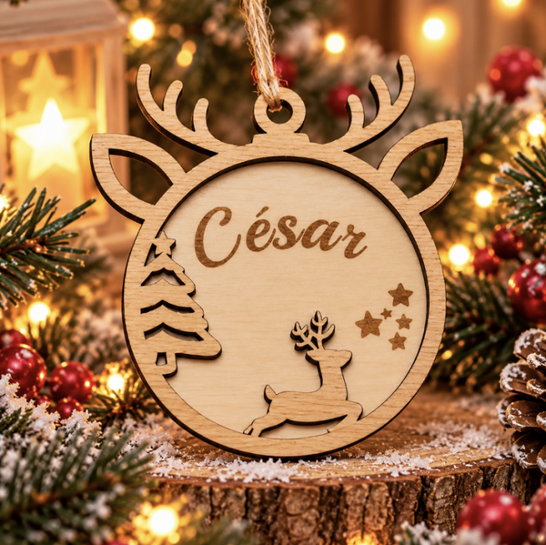 Boule de Noël renne en bois personnalisée avec prénom