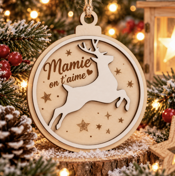Boule de Noël personnalisée en bois 3D – Renne et message d'amour ❤️