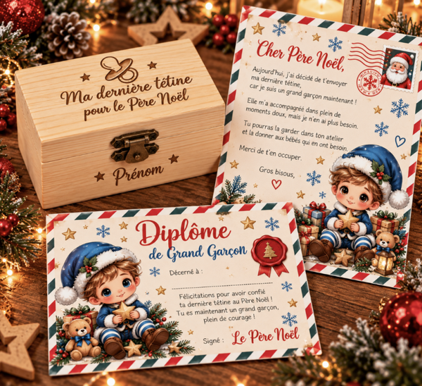Coffret Ma dernière tétine pour le Père Noël – Boîte en bois personnalisée, lettre et diplôme