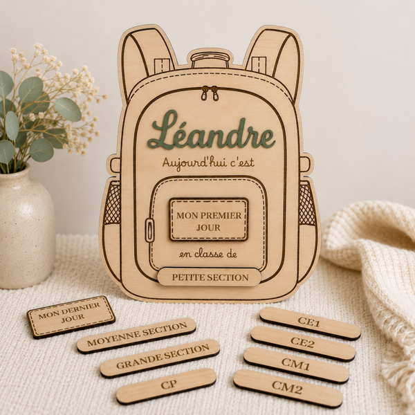 Pancarte en bois « Mon premier jour d'école » - Cartable