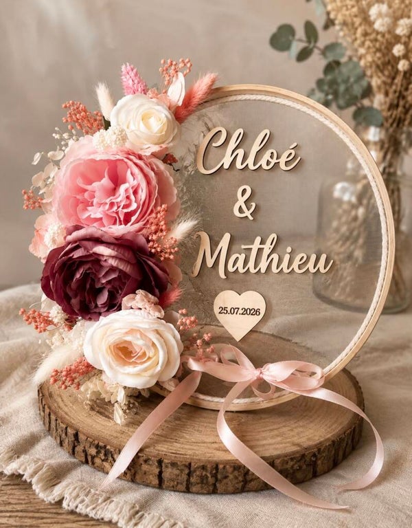 Porte-alliances personnalisé en tambour à broder – Décoration de mariage fleurie