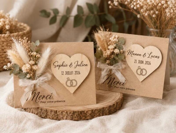 Carte de remerciement mariage personnalisée avec cœur en bois gravé et fleurs séchées