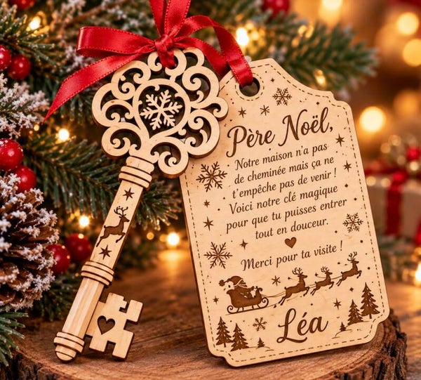 Clé magique du Père Noël en bois avec étiquette personnalisée 🎄