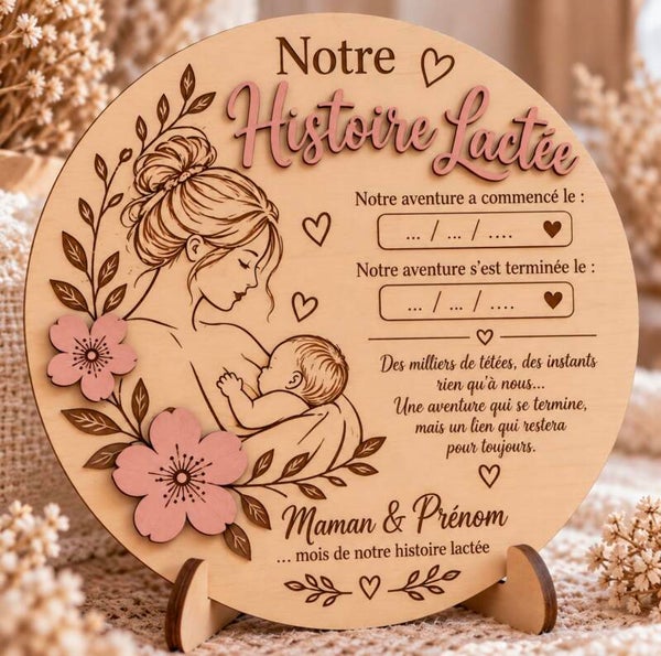 Notre histoire lactée – Pancarte souvenir d’allaitement personnalisée en bois