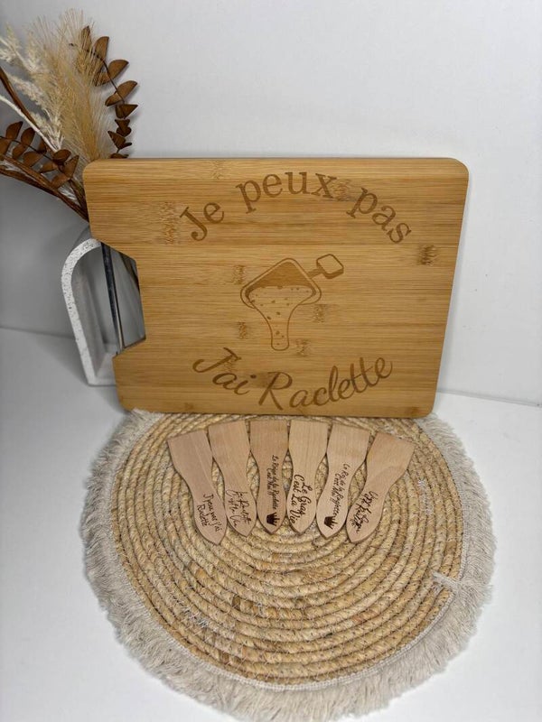 🧀 Coffret “J’peux pas, j’ai raclette” – Planche + 6 spatules gravées