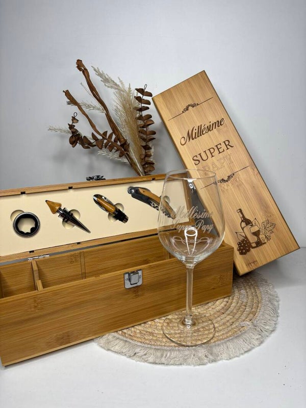 🍷 Coffret à vin + verre personnalisé – “Millésime Super Papy” 🍇