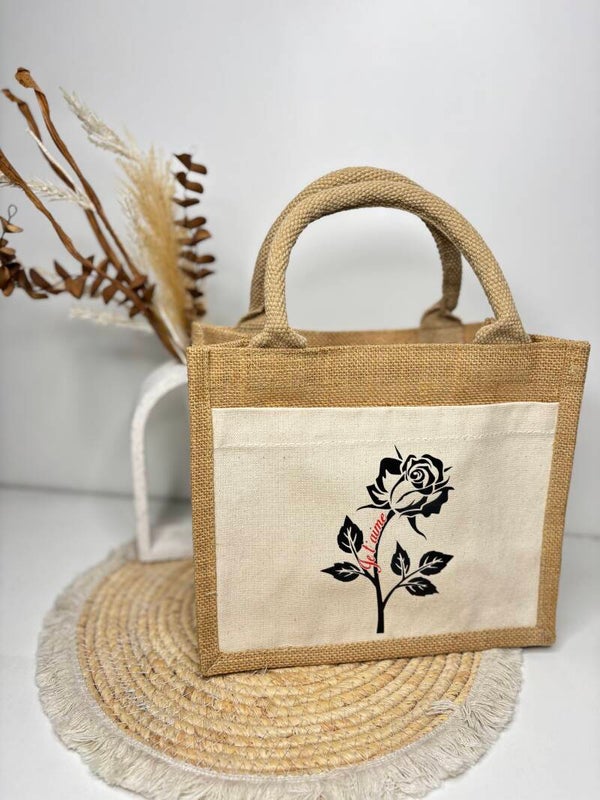 💝 Sac en toile de jute personnalisé “Je t’aime” – avec rose