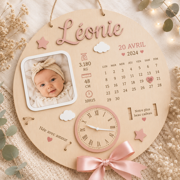 Plaque de naissance personnalisée en bois – Souvenir unique de bébé 🤍