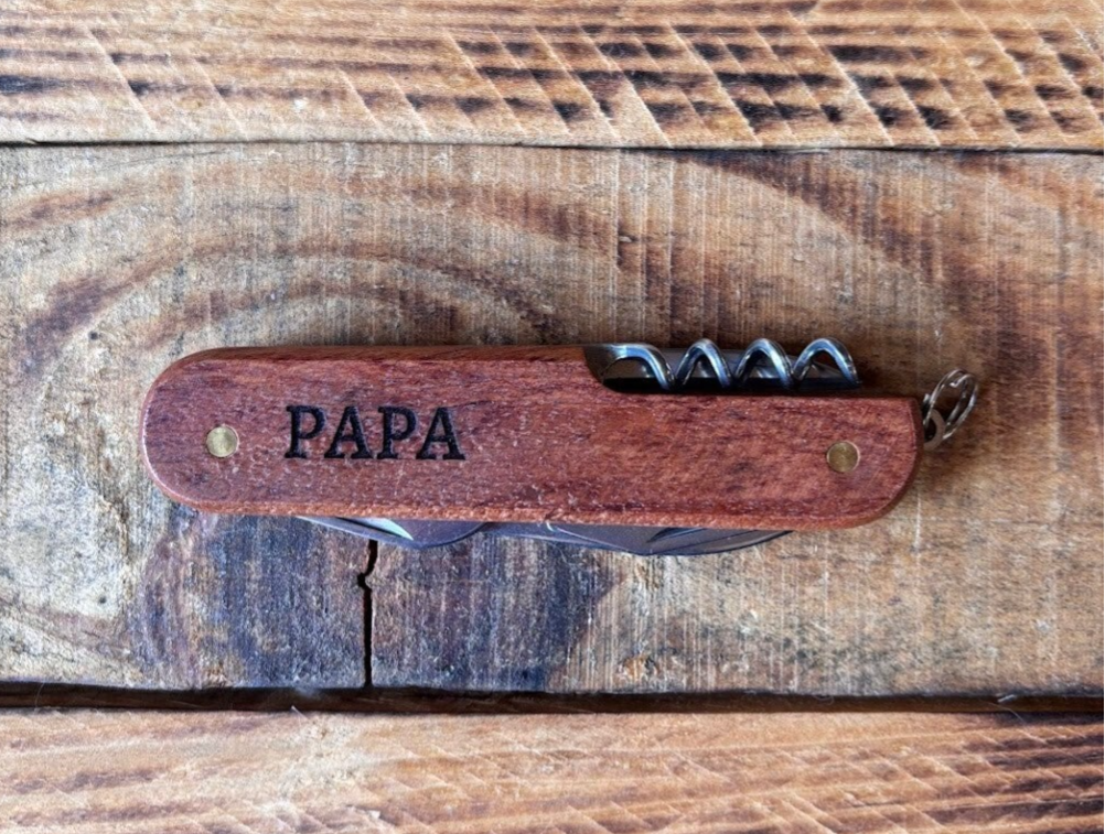 Couteau de poche multifonctions "PAPA" en acier inoxydable et bois