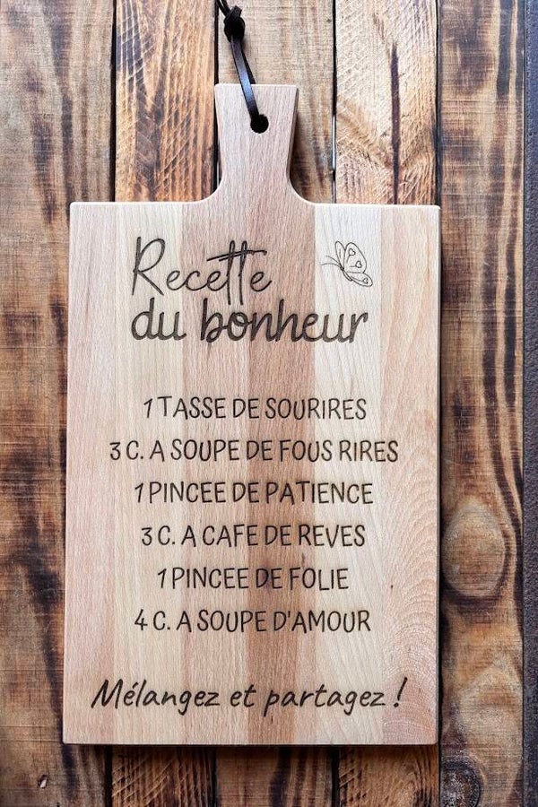 Planche à découper en Bois de hêtre, huilée « La Recette du Bonheur »
