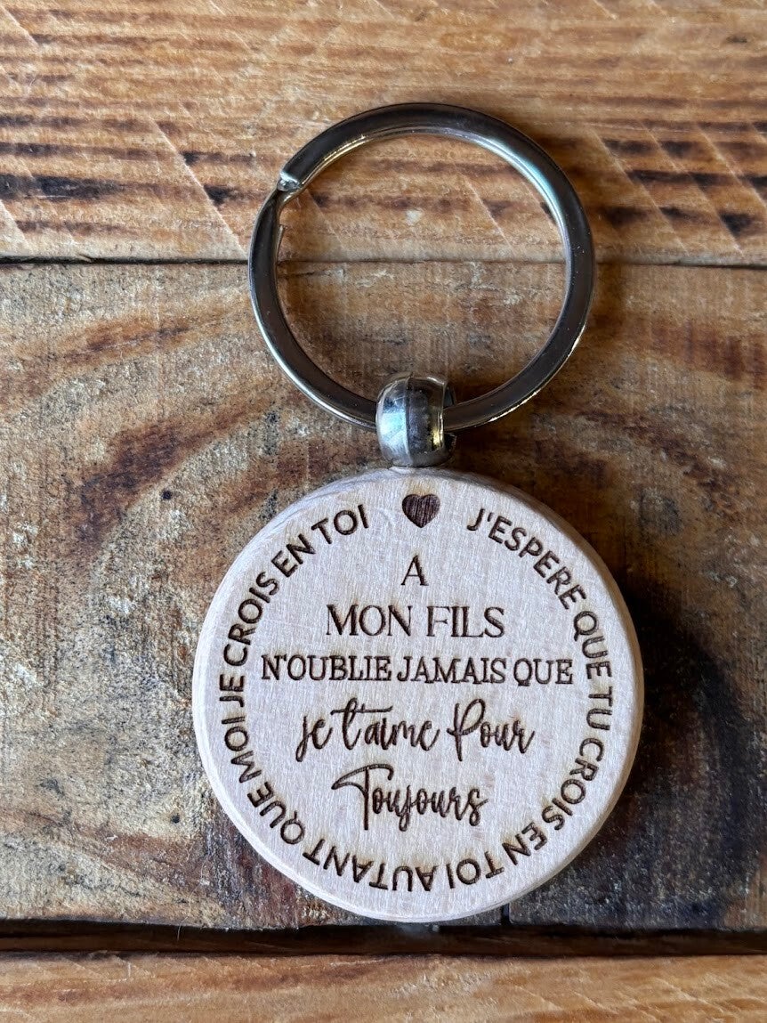 Porte-clés rond en bois de hêtre brut "Mon fils..."