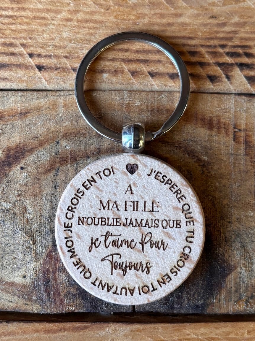 Porte-clés rond en bois de hêtre brut "Ma fille..."