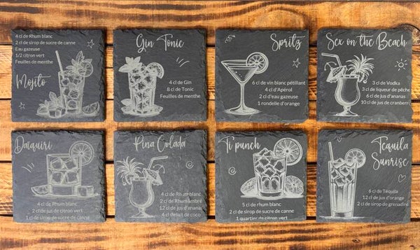 Lot de 8 sous verres ardoise recettes cocktail