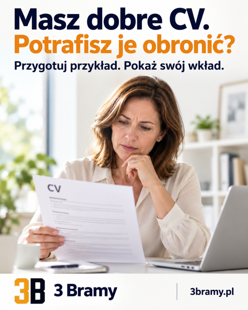 Zamyślona kobieta przygotowuje się do rozmowy, trzymając CV przy laptopie. Masz dobre CV. Potrafisz je obronić? Jasna grafika z logo 3B i podpisem 3 Bramy.