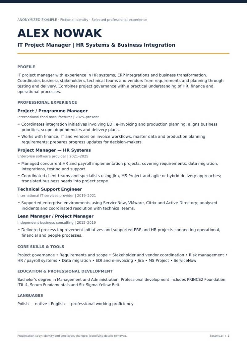 Podgląd zanonimizowanego CV: Project Manager IT · CV po angielsku