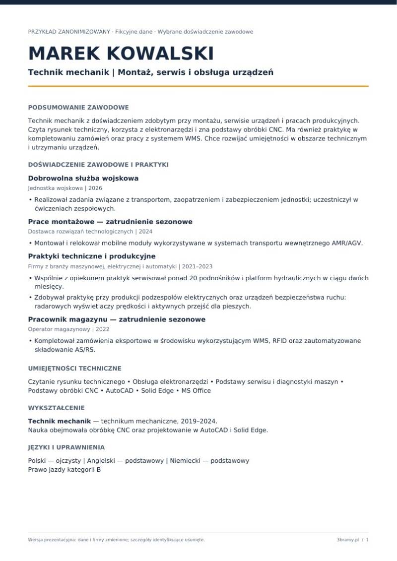 Podgląd zanonimizowanego CV: Technik mechanik · CV po polsku