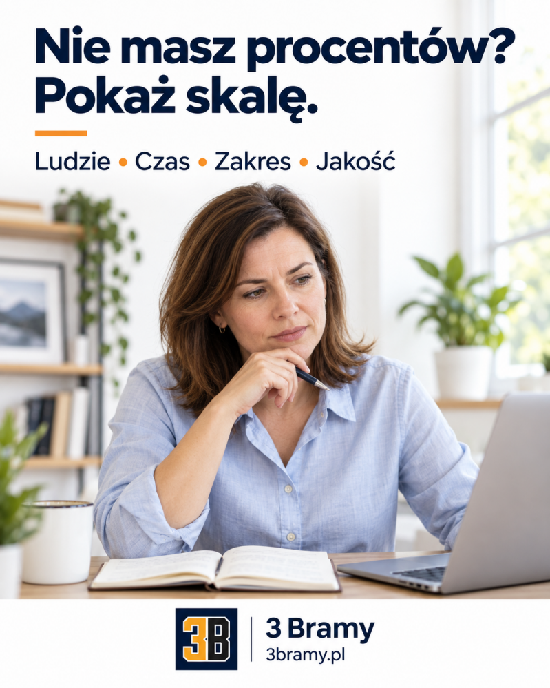 Zamyślona kobieta przy laptopie i notatniku. Nagłówek: Nie masz procentów? Pokaż skalę. Ludzie, czas, zakres, jakość. Logo 3 Bramy.