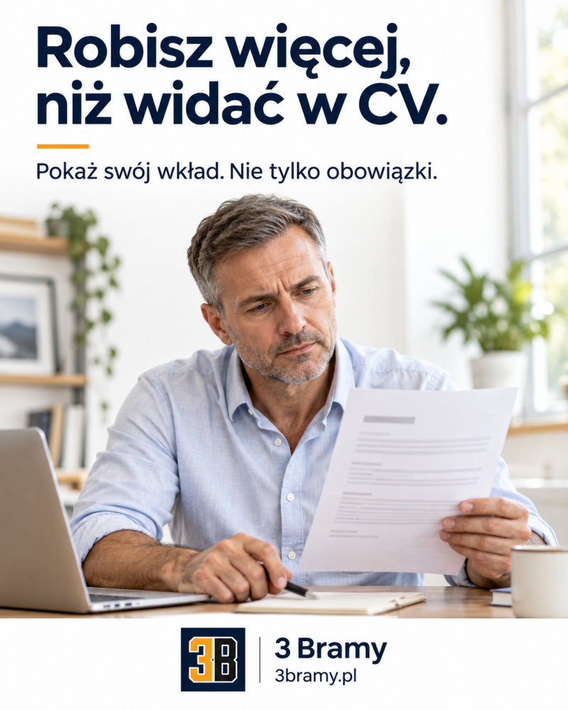 Doświadczony mężczyzna z widoczną niepewnością czyta swoje CV. Robisz więcej, niż widać w CV. Pokaż swój wkład. Nie tylko obowiązki. Jasna fotografia z oryginalnym logo 3B.