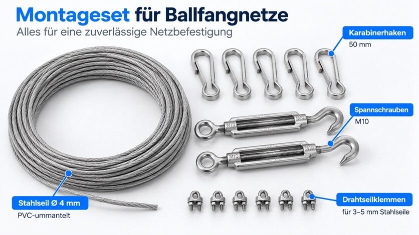 Montageset mit Stahlseil, Karabinerhaken, Spannschrauben und Drahtseilklemmen