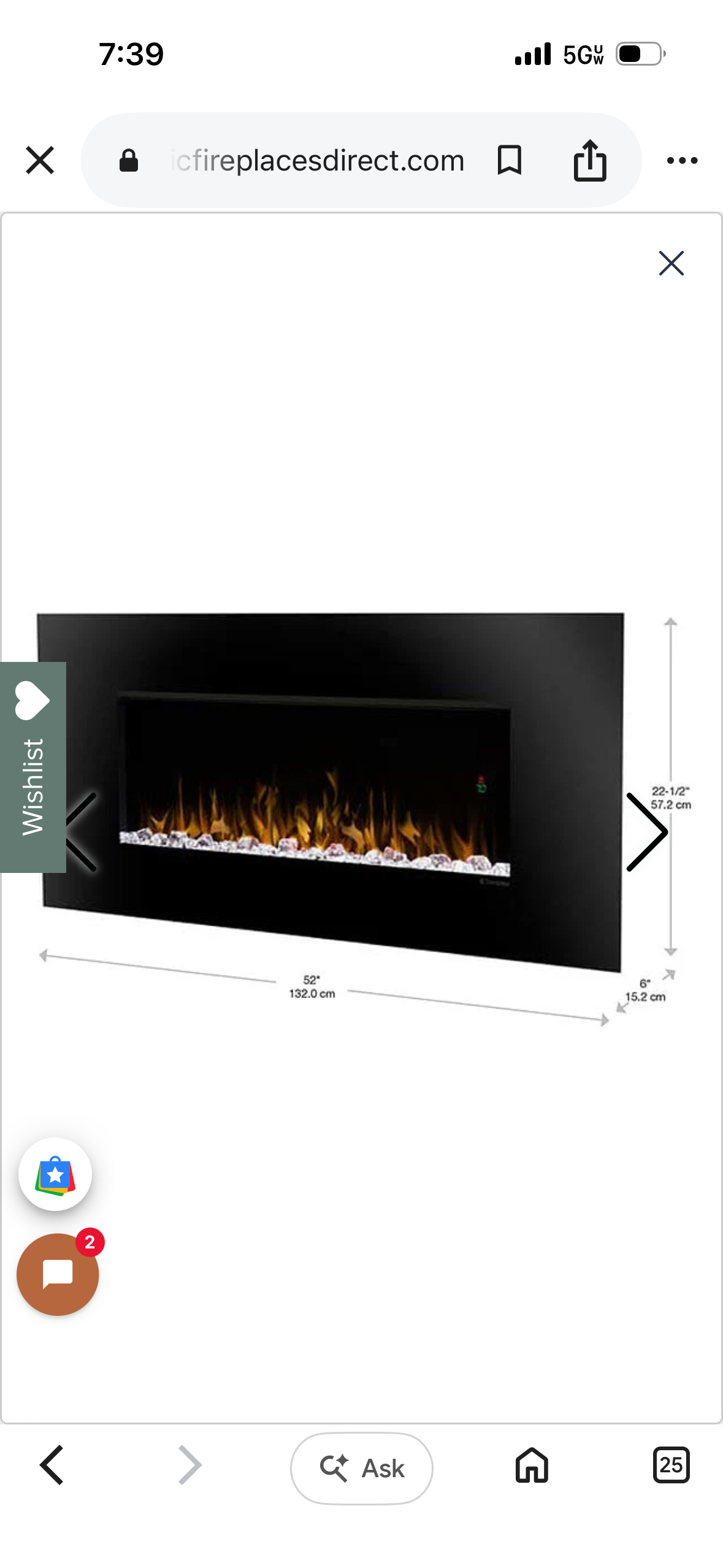 52” wall mounted fireplace
