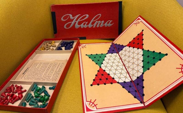 Vintage Halma Bordspel – 4 Kleuren Pionnen – Compleet in Doos
